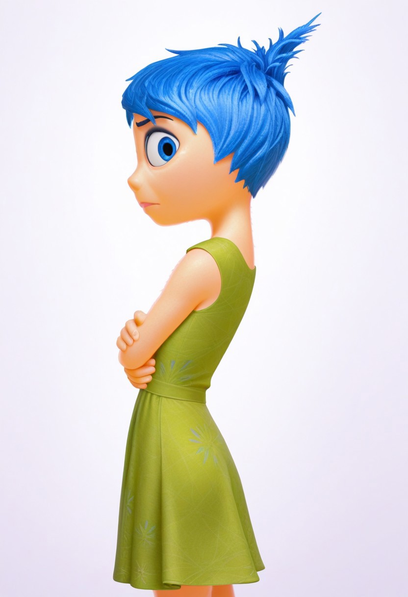 solo, joyemotion, looking at viewer, green dress, side view, arms crossed, blank background