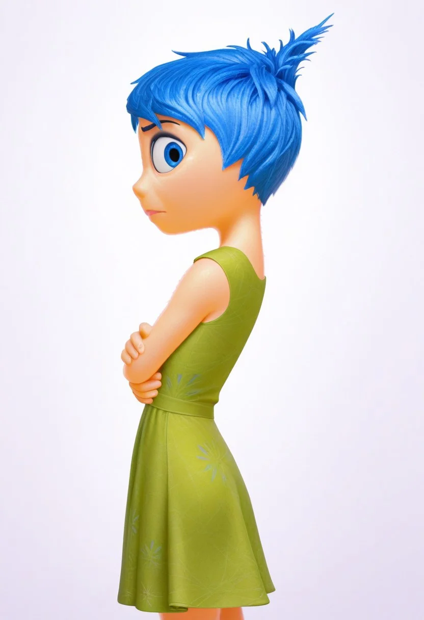 solo, joyemotion, looking at viewer, green dress, side view, arms crossed, blank background