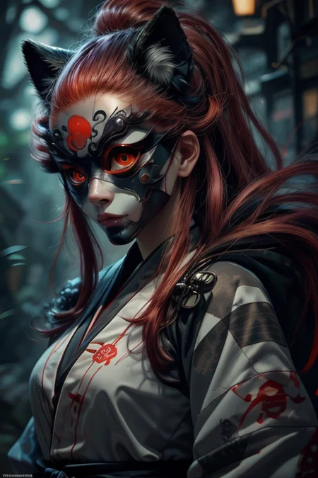 1 girl,box lady,fox tails,fox ears,bamboo forest,red hair,evil grin,glowing eyes,yellow eyes,hanbok,
<lora:Concept_-_Hella-sthetic_v2:0.7>,wrenchsfantasy,fantasy,glowing,glowing eyes,(at distance,the full and whole body,full length shot:1.3),(yokai mask:1.4),, intricate, elegant, highly detailed, symmetry, magical atmosphere, sharp focus, majestic, very coherent, radiant, advanced, cinematic, artistic, fine detail, winning, beautiful, stunning, dramatic light, designed, rich deep colors, perfect professional background, ambient, tailored set composition