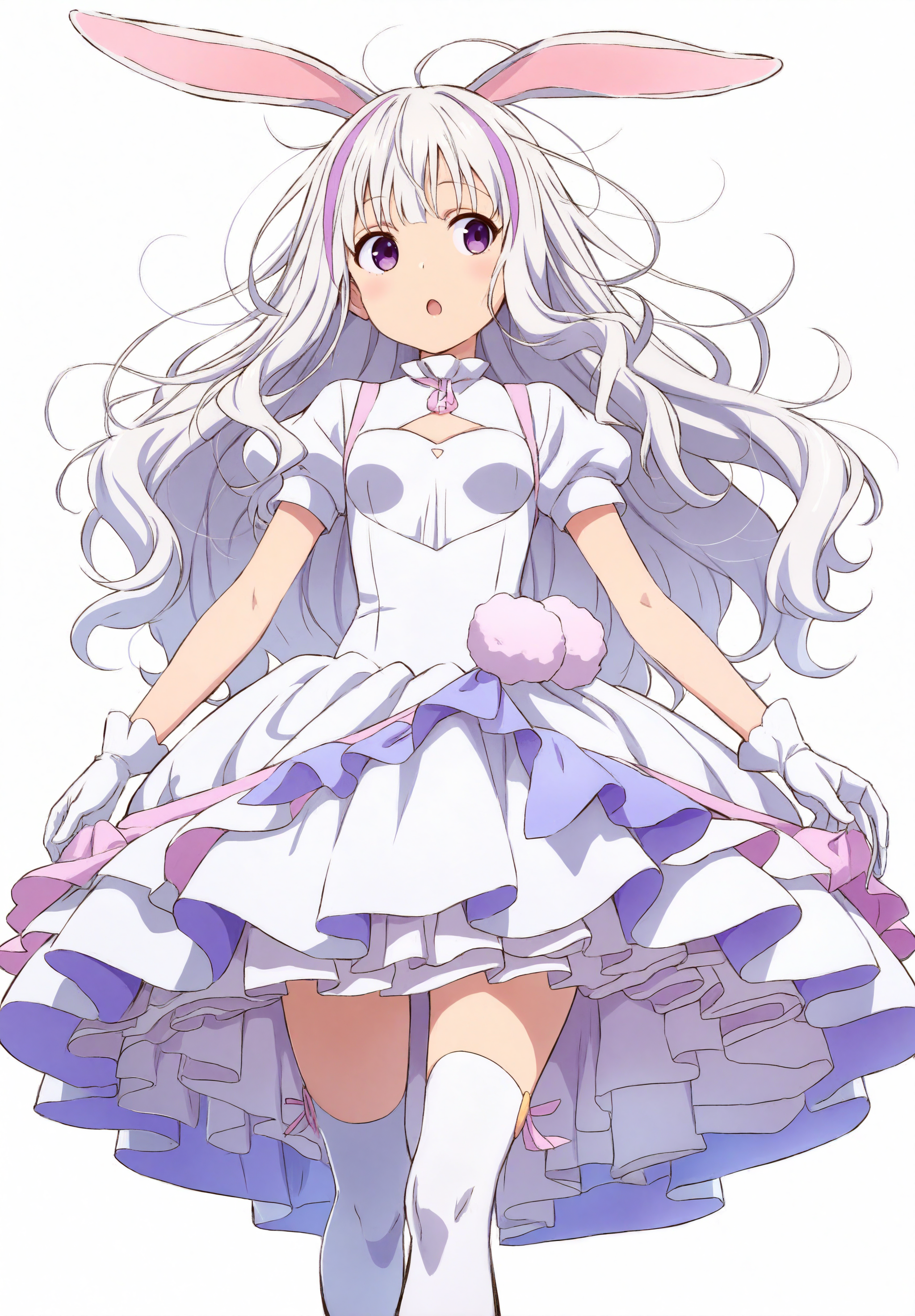highres,absurdres,masterpiece,best quality,<lora:MeMaXL4 Type D:1>,1girl,from_behind,walking,looking back,:o,purple eyes,white hair,long hair,messy hair,loose hair strand,purple streaked hair,white dress,white background,rabbit ears,layered dress,thighhighs,gloves,arms apart,