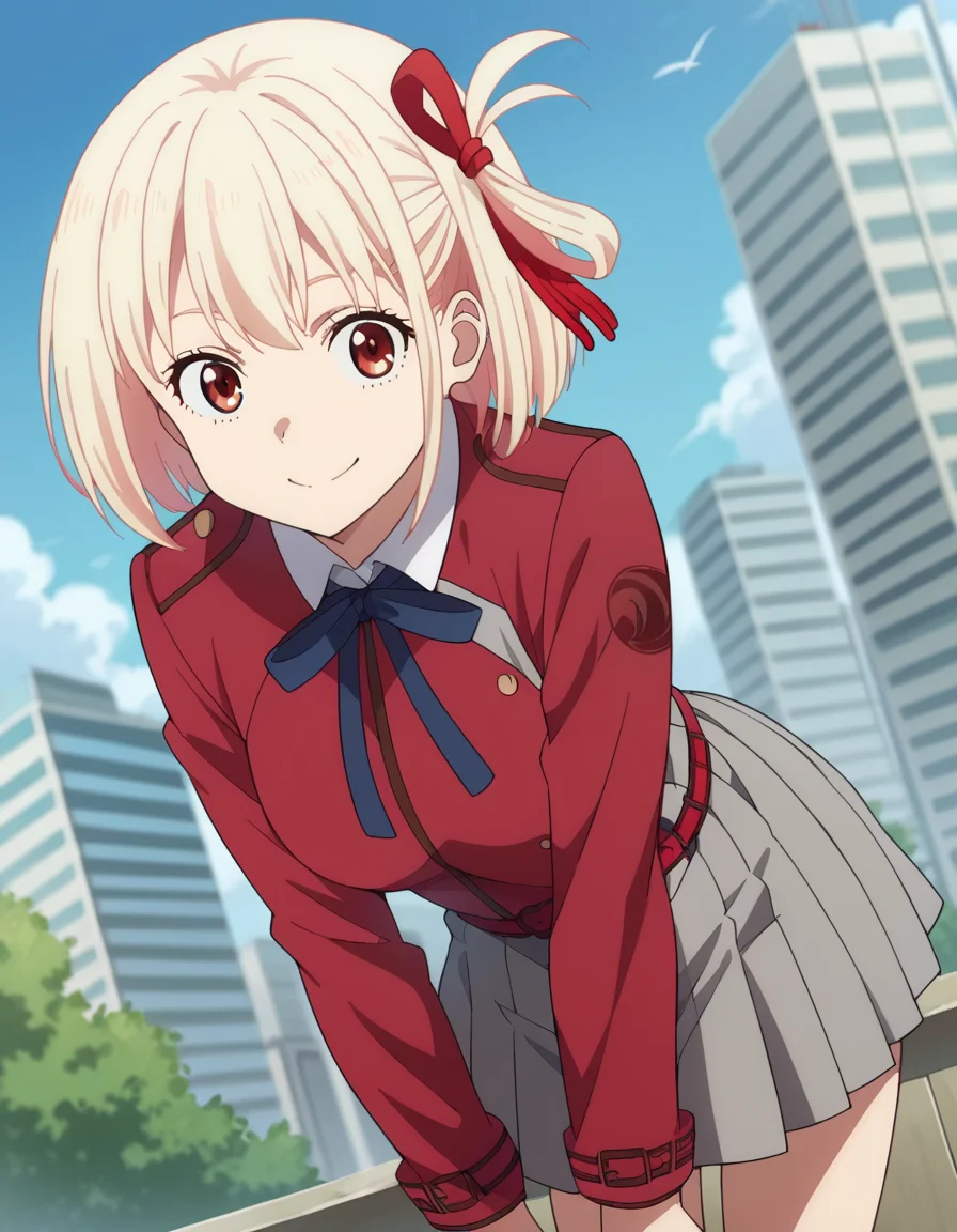 score_9, score_8_up, score_7_up, source_anime,
chisatonishikigi, <lora:chisato-nishikigi-s1-ponyxl-lora-nochekaiser:1>,
chisato nishikigi, short hair, bangs, blonde hair, red eyes, hair ribbon, one side up, bob cut,
shirt, long sleeves, dress, ribbon, white shirt, collared shirt, belt, neck ribbon, red dress, blue ribbon, pleated dress, grey dress, two-tone dress, red belt, lycoris uniform,
outdoors, cityscape, smile, bent over,
looking at viewer, dutch angle, cowboy shot,
