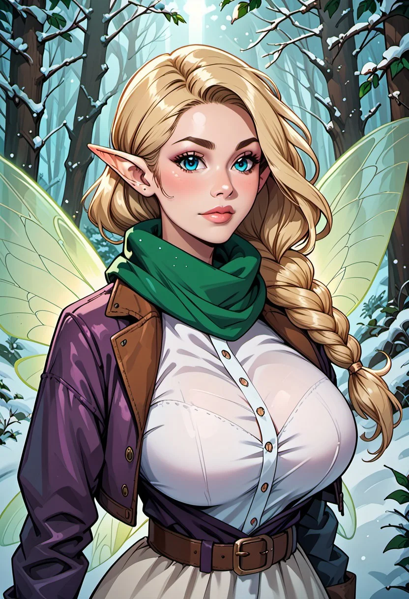 score_9, score_8_up, score_7_up, score_6_up, score_5_up, score_4_up, beautiful fairy woman, mature, long blonde braided hair, reij-hrstyl01 hairstyle, elf ears, detailed blue eyes, bright blue eyes, soft round jaw, magical aura, (delicate glowing wings with green patterns:1.4), (fairy wings:1.3), huge breasts, white buttoned dress, brown leather belt, purple jacket, green scarf, snowy forest, sunlight through trees, golden light on snow, winter setting