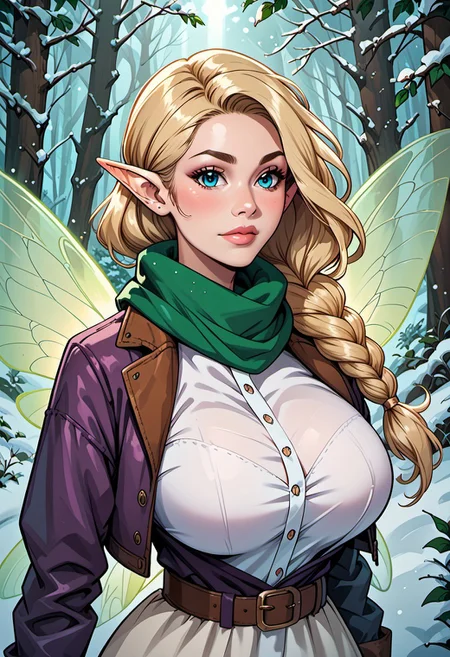score_9, score_8_up, score_7_up, score_6_up, score_5_up, score_4_up, beautiful fairy woman, mature, long blonde braided hair, reij-hrstyl01 hairstyle, elf ears, detailed blue eyes, bright blue eyes, soft round jaw, magical aura, (delicate glowing wings with green patterns:1.4), (fairy wings:1.3), huge breasts, white buttoned dress, brown leather belt, purple jacket, green scarf, snowy forest, sunlight through trees, golden light on snow, winter setting