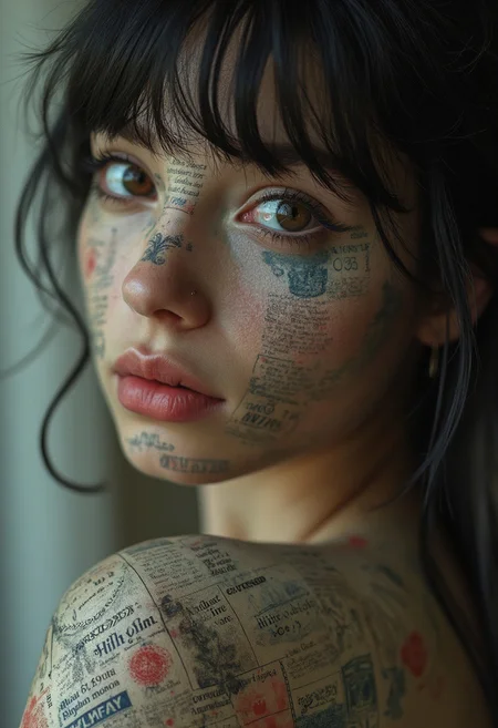 photo of a woman with newspaper print on her skin and black hair