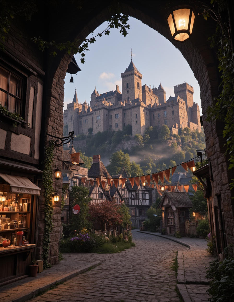 <lora:Medieval_Worlds_Special_fl:1> medieval, sun shades, very detailed, very narrow street, ground view, high castle in the background, signs, shop, illuminated, city lights, houses, vegetation, sunset, mw01out, very low angle, under bridge