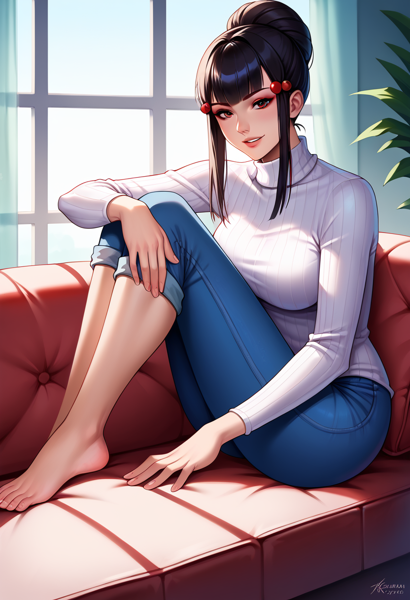 score_9, score_8_up, score_7_up,  source_anime,  BREAK solo, 1 girl,   <lora:TekkenKazumi:1>,   TKNKZMI, black hair, blunt bangs, red eyeshadow, sidelocks, hair ornament, hair bun, parted lips, smile, sitting, couch, white turtleneck, window, jeans, breasts, hand on own knee, looking at viewer,