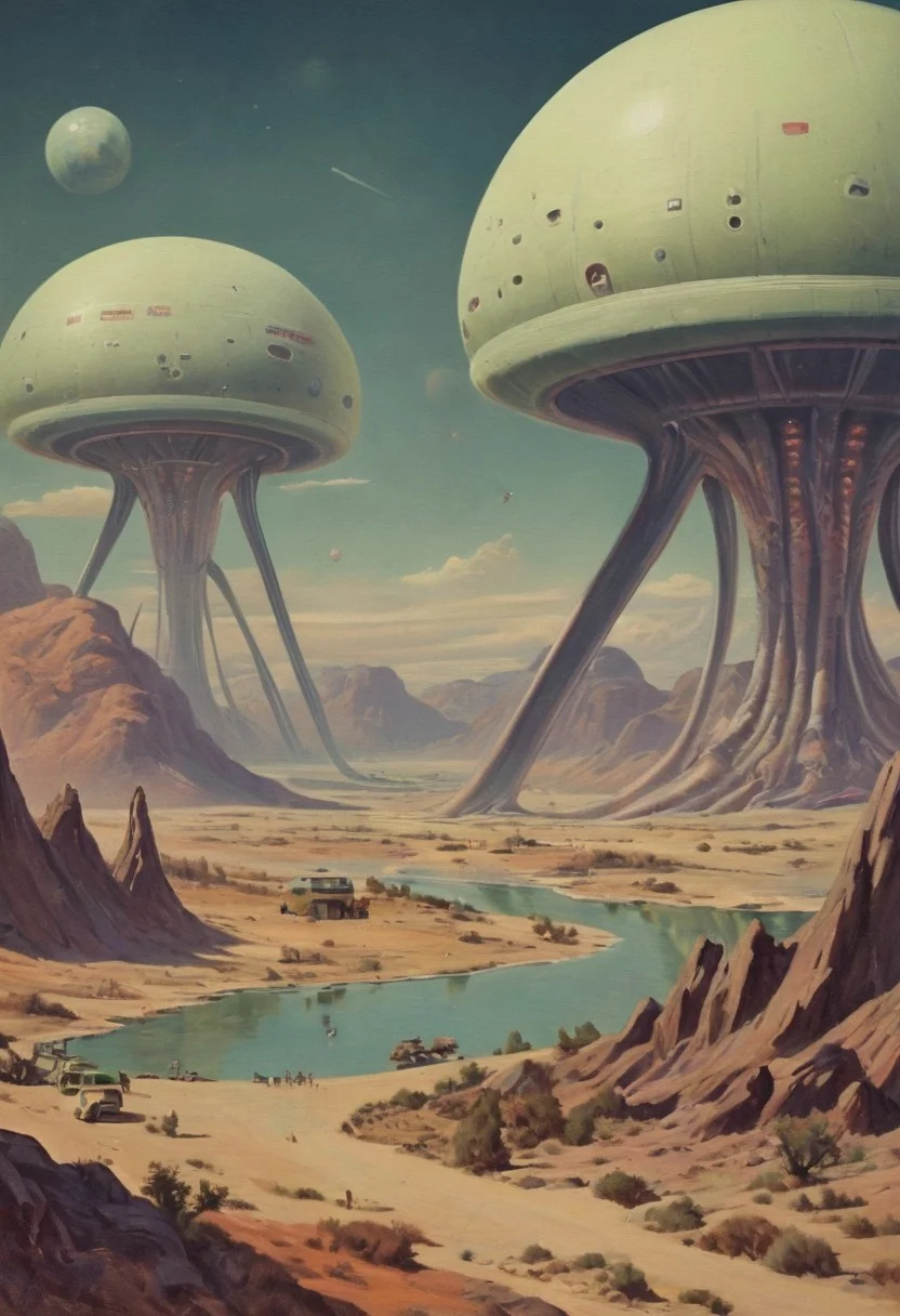 atomic-age landscape, alien creatures