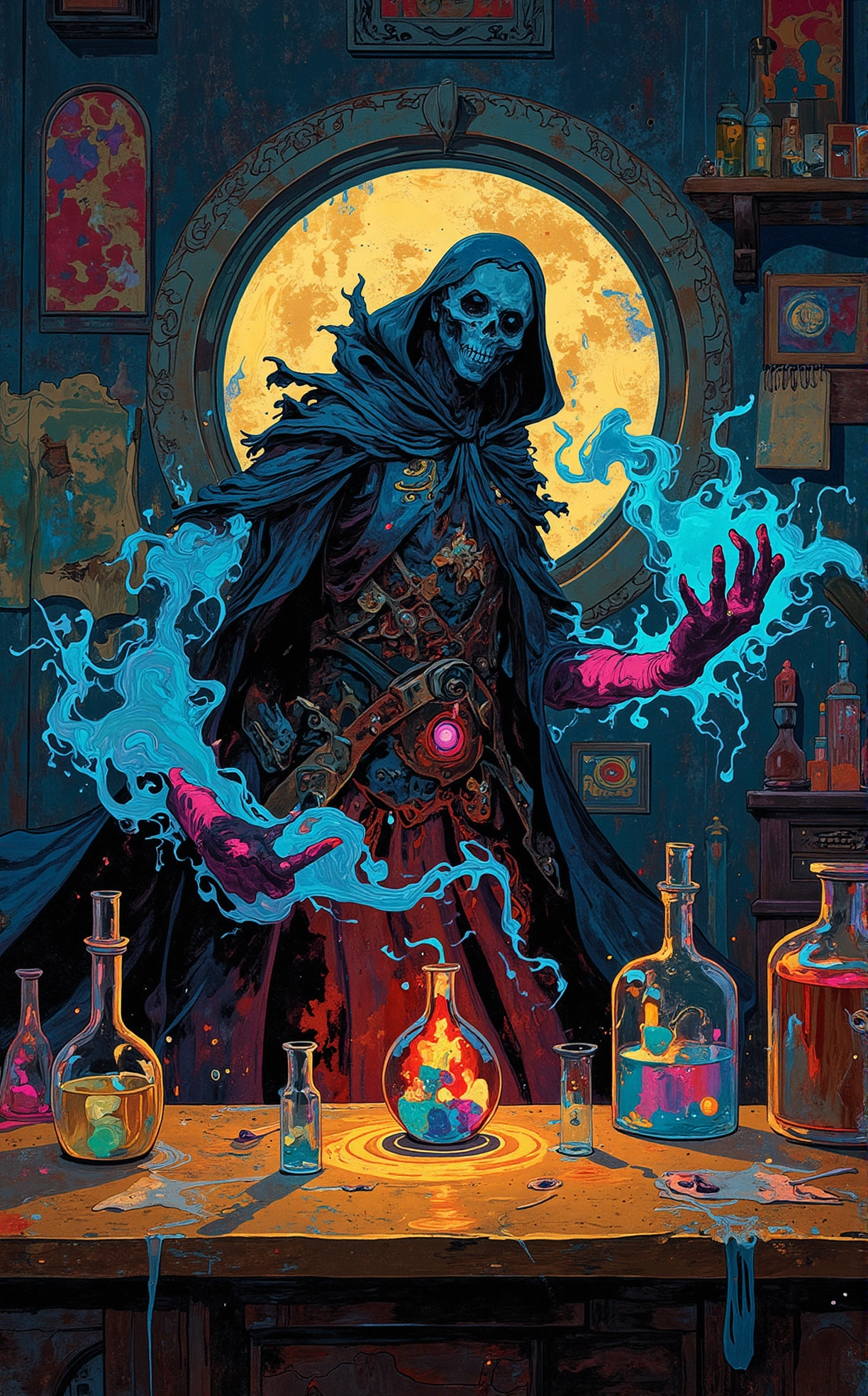 Off-center composition, studio lighting with gels for colored shadows, a dark menacing turkish rococo weather witch, turkish iconography, gipsy details, wearing a magnificent weather cape, wearing black gloves, casting a weather lighning magic spell, dimly lit old arcane laboratory with colored flasks and flames, minimalist style GTA-style artwork surrealism art by Nelleke Pieters, painting, dark art by Zack Snyder, Film, , Filmmaking, visual effects, superhero genre, epic storytelling, abstract, colorful, geometric, textured . satirical, exaggerated, pop art style, vibrant colors, iconic characters, action-packed . simple, clean, uncluttered, modern, elegant