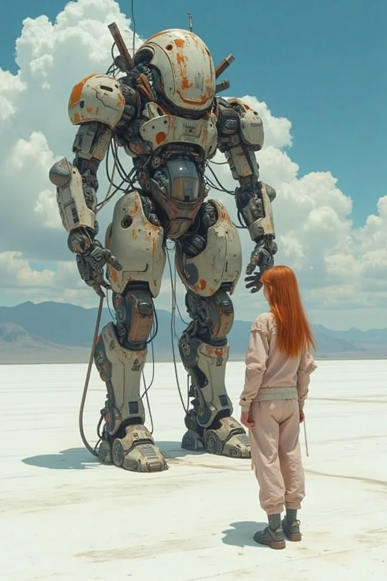A vast, barren landscape under a clear blue sky with fluffy white clouds. Dominating the scene is a large, weathered robot with multiple appendages and a central circular head. The robot appears to be in a state of disrepair with visible rust and wear. To the right of the robot stands a young woman with long, wavy red hair. She is dressed in a light pink outfit and appears to be gazing into the distance. The ground is white, possibly a salt flat or sandy beach, and the horizon shows a faint outline of mountains or hills.,mancyborg
