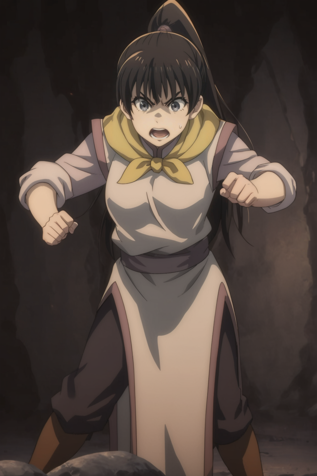 score_9, score_8_up, score_7_up, score_6_up, score_5_up, score_4_up, BREAK, <lora:Fighter-000006:1>, 1girl, Fighter, black hair, ponytail, grey eyes, multicolored robe, yellow neckerchief, black pants, brown boots, fighting stance