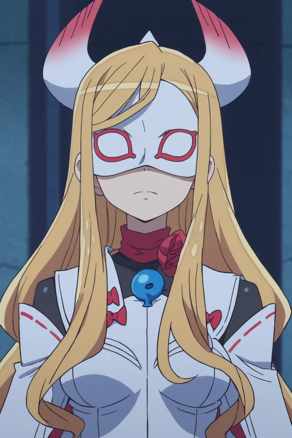rating safe, score_10, score_8_up, score_7_up, score_6_up, uncensored, anime screencap, flat shadows BREAK white egret, miki shirasagi, mask, 1girl, upper body