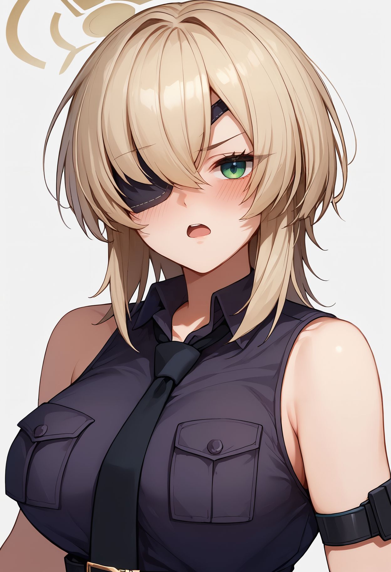 score_9,score_8_up,core_7_up, <lora:suou_blue_archive_xl:1>suou-ba, 1girl, solo, gloves, eyepatch, blush, necktie, sleeveless, breasts, large breasts, shirt, black gloves, upper body, looking at viewer, open mouth, white background, simple background, black shirt, sleeveless shirt, breast pocket, bangs, bare shoulders, belt, collared shirt, black necktie