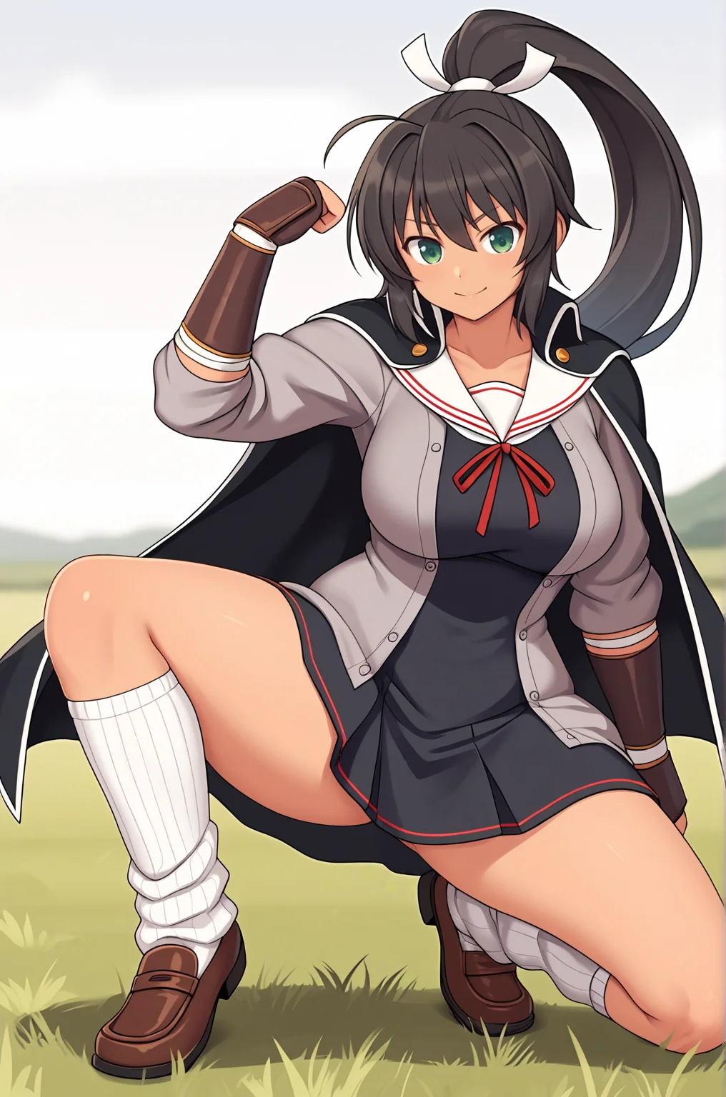 anime artwork, score_9, score_8_up, score_7_up, score_6_up, score_5_up, score_4_up, source_anime, BREAK, thick outline, fat outline,
Homura_XL, very long hair, black hair, green eyes, hair ribbon, ponytail, large breasts, tan, BREAK, homura_shinobi_outfit, unbuttoned gray cardigan, cape, bandages, white sailor collar, loafers, loose socks, dress, arm guards, BREAK, fighting pose, field,
<lora:Homura_XL:0.7>
<lora:PersonalAmi_PonyXL:1.0>