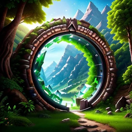 Hyperrealistic art, fanmou, lush green wooded mountain pass landscape, a fantasy Circular portal made of crystalz, (Circular portal:1.3), fantasy, Nether Portal, portal, stargate, gateway, blue sky, Extremely high-resolution details, photographic, realism pushed to extreme, fine texture, incredibly lifelike,