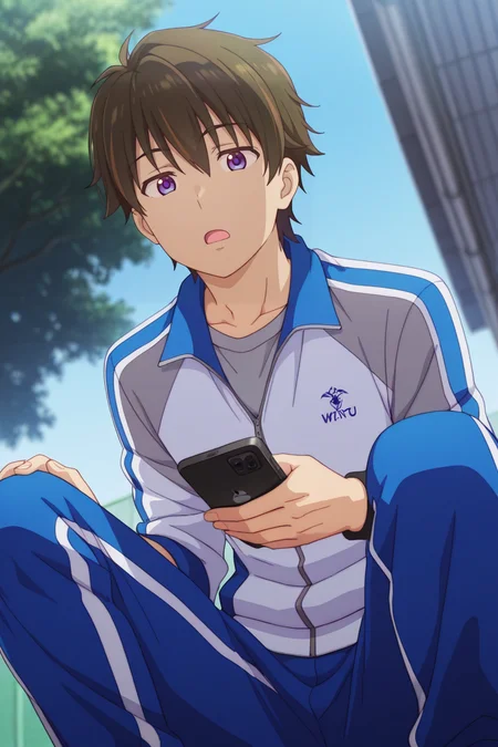 masterpiece, best quality, amazing quality,high resolution, intricate details,official style,anime coloring,depth of field,anime screencap, , , 1boy, solo, male focus, , ,  <lora:Wataru_Sajo:0.80>, wataru sajo,dark brown hair,purple eyes,short hair,open mouth, shirt, holding, jacket, outdoors, pants, day, phone,grey shirt, multicolored jacket,zip up,track jacket, blue pants,sport uniform, track suit, track pants,sitting,squatting, looking at viewer,from below,
