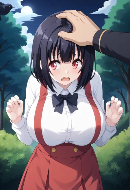 score_9,score_8_up,score_7_up,score_6_up, source_anime, BREAK,
(headpat, 2girl pov hands), (upper body shot),
Hiraki Hanako, solo, 1girl, (huge breasts), pale skin, short hair, black hair, bangs, red eyes, fangs, school uniform, collared shirt, white shirt, long sleeves, high-waist skirt, suspenders, red skirt, mini skirt, white socks, loafers,
surprised, (tear drops), looking away, crows pose, hugging,
outdoors, (at night:1.3),