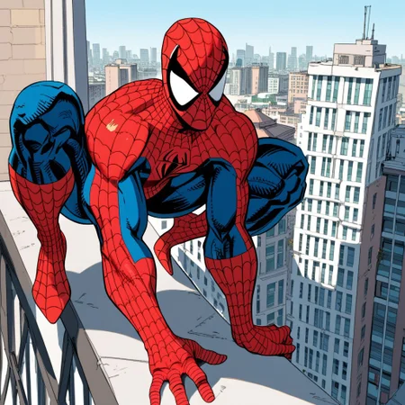 score_9,score_8_up,score_7_up,solo, 1boy, , spider-man,male focus, bodysuit, red bodysuit, superhero,mask,skinny,rooftop,city skyline