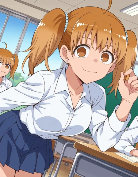 score_9, score_8_up, score_7_up, source_anime,
ijiranaideyoshi, <lora:ijiranaide-yoshi-s1s2-ponyxl-lora-nochekaiser:1>,
yoshi, brown hair, twintails, brown eyes, ahoge,
skirt, shirt, jewelry, school uniform, white shirt, pleated skirt, earrings, blue skirt,
indoors, classroom, bent over, smile,
looking at viewer, dutch angle, cowboy shot,