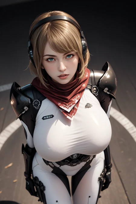 solo, sole_female, 1girl, <lora:ashleygraham-nvwls-v1:1.2>, ashley graham, green eyes, bangs, short_hair, red neckkerchief, plugsuit, pilot suit, interface headset, white bodysuit, white pilot suit, white plugsuit, <lora:wrenchsmechs:1> glowing, blue mecha, halo, mechanical wings, standing, from above, (white_background)
BREAK anime_screencap, game_cg, megami_magazine, official_art, masterpiece, best_quality, highres, absurdres, (blurry_background), (simple_background), depth of field, (vibrant_color:1.2),
BREAK huge_breasts, (sagging_breasts:1.2), wide hips, messy_hair, floating_hair, blush, mature_female, motherly,
BREAK looking_at_viewer, Focus on her face, parted_lips, curvy, contrapposto,