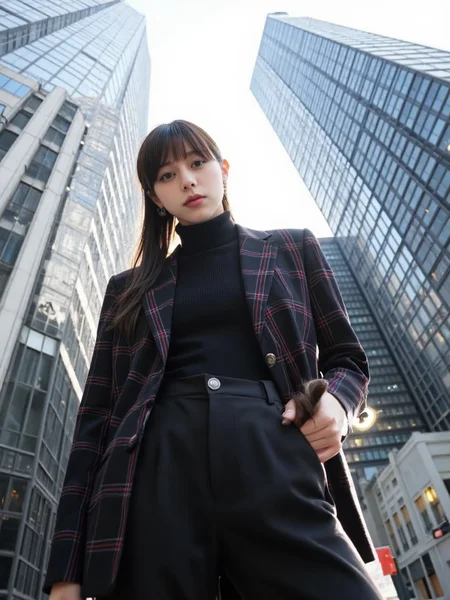 There are wonderful studio lights and various reflections,
18yo beautiful cute girl with blushing and female orgasm.skin naturally showing the texture of blood vessels and detailed pale skin,
--,
<lora:Nakajo_Ayami_f1:1>,she is Nakajo Ayami,
(Plaid_blazer:1.4),(Turtleneck_sweater:1.3),(Cropped_trousers:1.2), A bold fashion shot of a model standing tall in front of massive skyscrapers. The low-angle perspective makes her appear powerful and statuesque, her expression strong and determined. The background features towering city buildings with sharp lines contrasting against the bright sky. Street fashion editorial, wide-angle lens, f/2.0, natural light, hd quality,, #æ©å¤©æ¥¼ä½è§åº¦