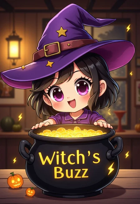 cute chibi witch, cheerful witch standing behind a bubbling cauldron, interior of witch's cottage, cozy atmosphere, text engraved on cauldron "Witch's Buzz Brew" with small yellow lightningbolt icons above the cauldron,