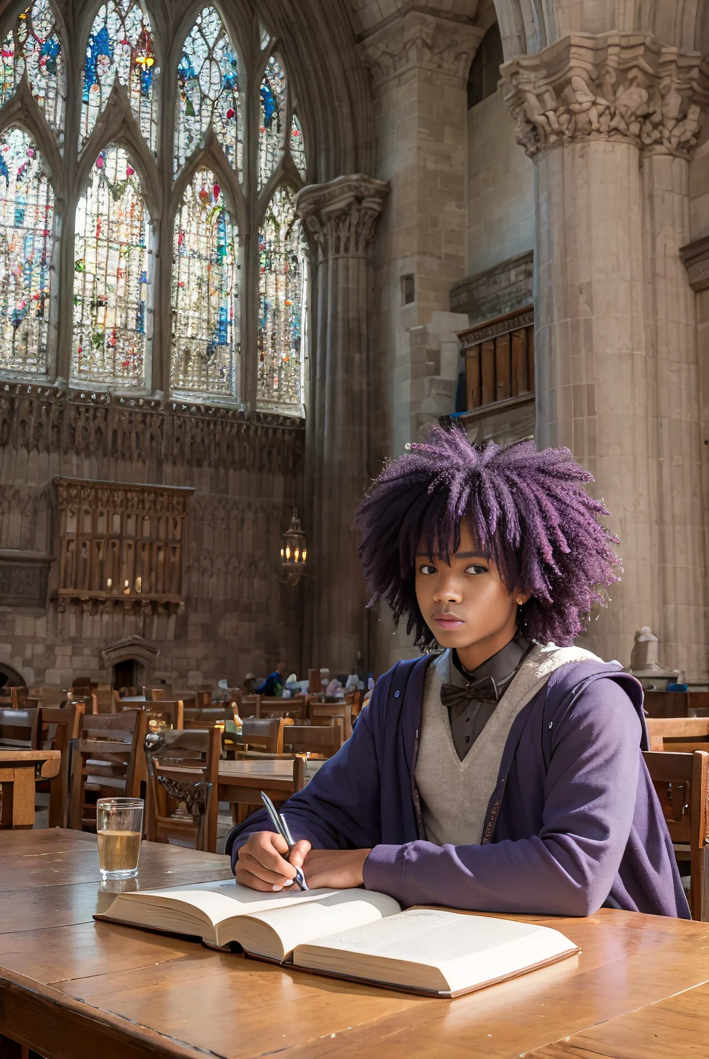 best quality, masterpiece, african hogwarts student, black and purple afro hair, hogwarts castle interior background