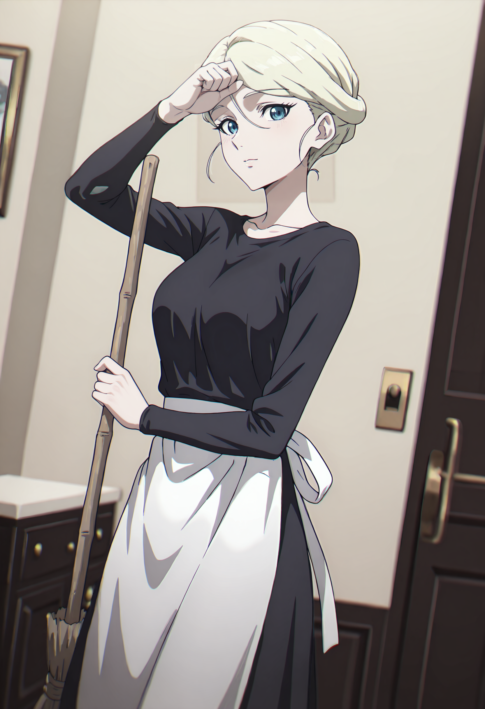 best quality, amazing quality, perfect quality, high quality, masterpiece, absolutely eye-catching BREAK
<lora:Migi_to_Dali_-_Metry:1> MigiMetry, blue eyes, blonde hair, short hair, single hair bun, hair between eyes, medium breasts BREAK
black dress, maid apron BREAK
indoors, mansion, 1girl, solo, holding broom, wiping forehead, cowboy shot, dutch angle, looking at viewer