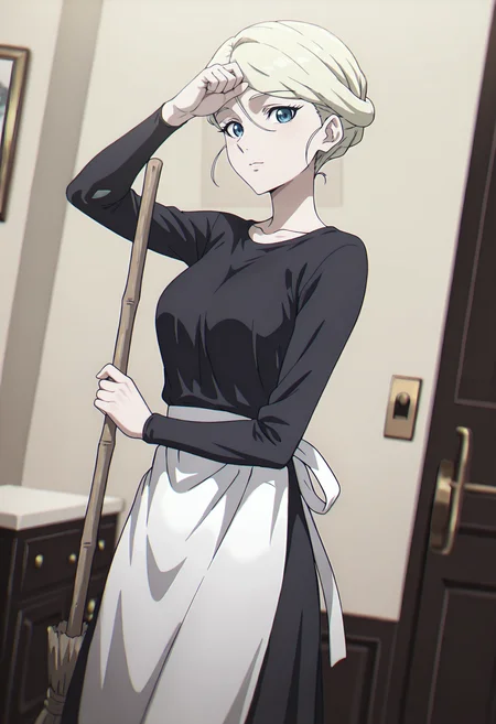 best quality, amazing quality, perfect quality, high quality, masterpiece, absolutely eye-catching BREAK
<lora:Migi_to_Dali_-_Metry:1> MigiMetry, blue eyes, blonde hair, short hair, single hair bun, hair between eyes, medium breasts BREAK
black dress, maid apron BREAK
indoors, mansion, 1girl, solo, holding broom, wiping forehead, cowboy shot, dutch angle, looking at viewer