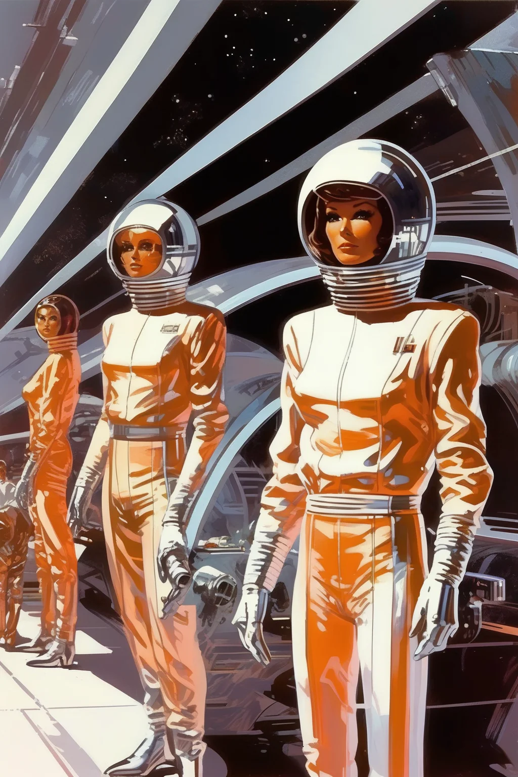 <lora:Syd Mead Style:1>Syd Mead Style - Syd Mead sci-fi space famers in chrome jumpsuits