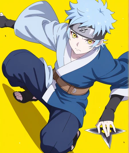 1boy,solo,looking at viewer,male focus,Mitsuki,short hair,blue hair,forehead protector,konohagakure symbol,pale skin,yellow eyes,blue and navy kimono,wide sleeves,black fingerless gloves,belt,pants,on one knee,action,holding,shuriken,dynamic angle,yellow background,simple background,black outline,vibrant colors,high resolution,amazing quality,best quality,good lighting, detailed eyes,very aesthetic,very awa,detailed,anime coloring,anime screencap