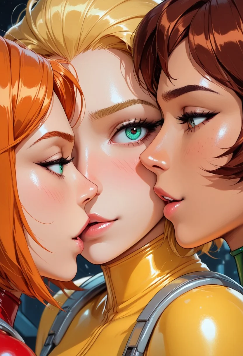 highres, very detailed, amazing quality, masterpiece,
very aesthetic,
particle effect,
3girls, multiple girls, \(totally spies\), (samts orange hair, green eyes, long hair, green bodysuit), (cloverts, short hair blonde hair, blue eyes, red bodysuit), (alexts, short hair, brown hair, brown eyes, yellow bodysuit),red bodysuit, green bodysuit, yellow bodysuit,
seducing, seductive, flirty, tender, loving, playful,
Close up,