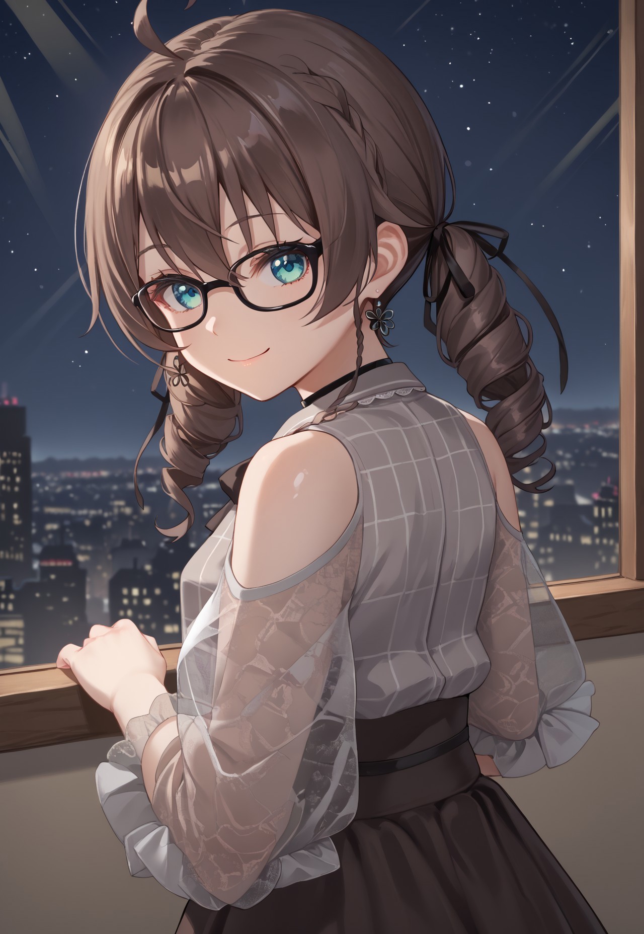 1girl, solo, solo focus, highres, absurdres, MatsuriMineGirl, brown hair, bangs, grey shirt, ahoge, twintails, black ribbon, black choker, hair between eyes, hair ribbon, brown skirt, shoulder cutout, collared shirt, flower earrings, black bowtie, blue eyes, white jacket, see-through sleeves, lace sleeves, plaid shirt, high-waist skirt, puffy short sleeves, medium hair, open jacket, small breasts, long sleeves, drill hair, black-framed eyewear, braid,

looking at viewer, evil smile, closed mouth, head tilt, from behind, looking back,

indoor, cityscape, neon lights, window, dark, night, night sky, 

light particles, backlighting, shade, light rays, lens flare, shiny skin, fine fabric emphasis,