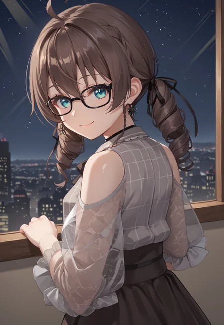 1girl, solo, solo focus, highres, absurdres, MatsuriMineGirl, brown hair, bangs, grey shirt, ahoge, twintails, black ribbon, black choker, hair between eyes, hair ribbon, brown skirt, shoulder cutout, collared shirt, flower earrings, black bowtie, blue eyes, white jacket, see-through sleeves, lace sleeves, plaid shirt, high-waist skirt, puffy short sleeves, medium hair, open jacket, small breasts, long sleeves, drill hair, black-framed eyewear, braid,

looking at viewer, evil smile, closed mouth, head tilt, from behind, looking back,

indoor, cityscape, neon lights, window, dark, night, night sky, 

light particles, backlighting, shade, light rays, lens flare, shiny skin, fine fabric emphasis,