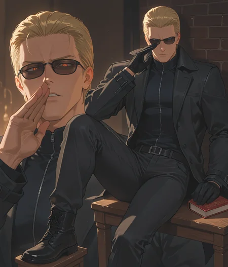 PonyScores7, source_anime, ah1
BREAK <lora:albertwesker-guy-PONYv1:0.8> albertwesker, albert wesker, 1boy, blonde, black gloves, (sunglasses:1.3), belt, black coat, black pants, looking at viewer, toned, athletic, fit, slicked back hair, black turtleneck, zipper, mature male, short hair, black boots, (noble philosopher, with a book and a thoughtful gaze pondering the mysteries of life), (A weathered brick building adorned with a faded historic marker, whispering tales of the city's past), (focused, intense glare, apathetic, contemptuous), (reddish orange eyes, slit pupils), (angular face, sharp_featured face), handsome, charming, alluring
BREAK <lora:xl_more_art-full_v1:0.2>, <lora:shinyskin2:0.2> glistening skin, <lora:aesthetic_anime_v1s:0.2>, <lora:Expressive_H:0.2> Expressiveh, <lora:hairdetailpxl:0.2> hairdetailpxl, <lora:EpicF4nta5yXL:0.2>, <lora:detailxl:0.2> detailxl, <lora:Fant5yP0ny:0.2>, best quality, amazing quality, best aesthetic, absurdres, <lora:expressive eyes:0.2> expressive eyes, <lora:eyedetailpxl:0.2> eyedetailpxl, illustration, Volumetric_Lighting, ultra-detailed, very aesthetic, intricate details, 8k, masterpiece, best_quality
BREAK (Aerial view medium Close shot, focus on feet)
BREAK <lora:Eyes_High_Definition:0.3> EyesHD, Stable_Yogis_PDXL_Positives, AS-Adult, <lora:Complicated fantasy portrait - XL Pony V2.0:0.4>, bad-hands-5, AS-MidAged, <lora:HDA_Detailer:0.2>