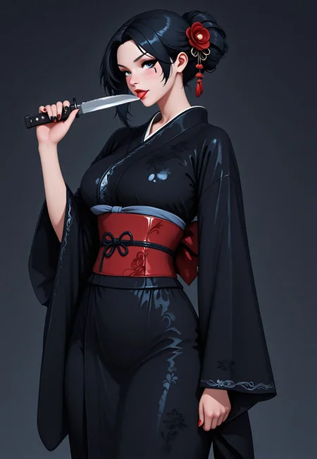 solo, Rea_prime,
BREAK 1girl(femdom, black hair in stylish updo, blue eyes, full red lips, large breasts, long painted nails, dark eye makeup, goth makup),
BREAK licking tanto knife,
BREAK wearing(black silk kimono with embroidery, wide sleeves, obi, japanese clothes, hair decoration), 
BREAK perfect body, detailed, perfect, high contrast, high res, masterpiece, high score, great score, absurdres