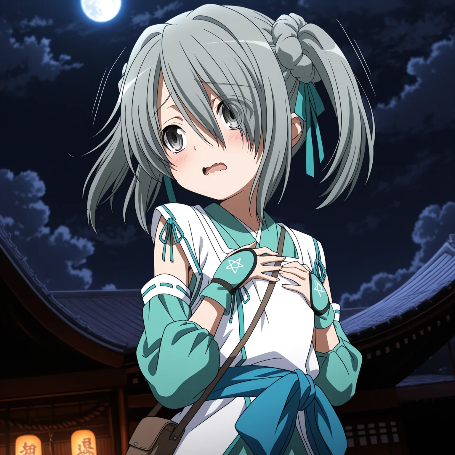 absurdres,highres,masterpiece,best quality,amazing quality,official anime artwork,outdoors,
anime screencap,
1girl,solo,
(Volumetric Lighting,Cinematic Lighting),
shrine,night,cloudy sky,full moon,
floating hair,dutch angle,hand on own chest,
upper body,((close-up)),
blush,wavy mouth,open mouth,shy,
dynamic pose,motion lines,motion blur,
BREAK <lora:Takenaka_Hanbee_ONY_illuV01_b3g2plw1c1ogwdblr_spd_d32a16_lr341y273_rvs_ppsf_atan2_lr540y38_b>,
TH_ONY,grey hair,short hair,long bangs,short twintails,green ribbon,hair ribbon,grey eyes,hair over one eye,eyes visible through hair,brown shoulder strap,white overcoat,green short kimono,green detached sleeves,puffy sleeves,front slit,green trim,green wrist guards,pentagram print wrist guards,blue sash,long sash,small brown messenger bag,