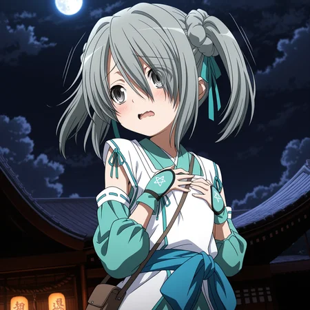 absurdres,highres,masterpiece,best quality,amazing quality,official anime artwork,outdoors,
anime screencap,
1girl,solo,
(Volumetric Lighting,Cinematic Lighting),
shrine,night,cloudy sky,full moon,
floating hair,dutch angle,hand on own chest,
upper body,((close-up)),
blush,wavy mouth,open mouth,shy,
dynamic pose,motion lines,motion blur,
BREAK <lora:Takenaka_Hanbee_ONY_illuV01_b3g2plw1c1ogwdblr_spd_d32a16_lr341y273_rvs_ppsf_atan2_lr540y38_b>,
TH_ONY,grey hair,short hair,long bangs,short twintails,green ribbon,hair ribbon,grey eyes,hair over one eye,eyes visible through hair,brown shoulder strap,white overcoat,green short kimono,green detached sleeves,puffy sleeves,front slit,green trim,green wrist guards,pentagram print wrist guards,blue sash,long sash,small brown messenger bag,