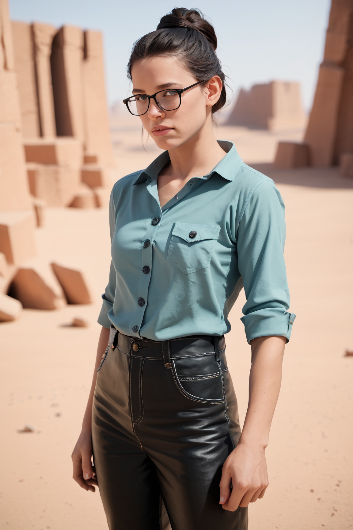 zPDXL2, zPDXLpg, zPDXLrl, realistic portrait photograph of a columbian woman with black hair, updo, black rim glasses, teal button shirt, leather pants outdoors desert ruins, broken columns and arches