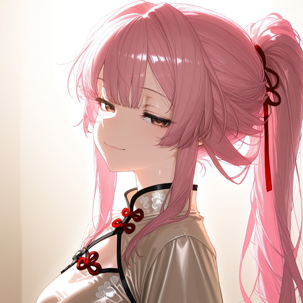 masterpiece, best quality, amazing quality, absurdres, pink hair, long_hair, bangs, looking_at_viewer, sidelocks, ponytail, brown eyes, beige qipao, red ribbon, subtle smile, soft lighting,