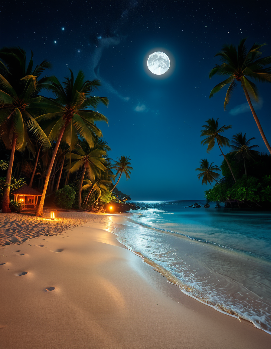 A breathtaking tropical beach at night, illuminated by the soft glow of the moon and twinkling stars. The ocean waves gently lap against the shore, reflecting silver moonlight. Tall palm trees sway slightly in the warm night breeze, their silhouettes contrasting against the deep blue sky. The sand appears smooth and slightly damp, glowing under the moonlight. In the background, distant islands are faintly visible on the horizon, their outlines softened by a light mist. The sky is filled with a mesmerizing display of stars, with the Milky Way faintly visible. The atmosphere is tranquil and serene, evoking a sense of peace and wonder. The image has a high level of detail, realistic textures, and a dreamy cinematic quality.
<lora:SDXLFaeTastic2400:0.4> <lora:extremely_detailed:0.4> extremely detailed,  <lora:tropical_beach_4t_n1ght:1>,tropical beach 4t n1ght, Masterpiece,best quality,hi res,8k,hi res,8k,award winning,(sharp focus, intricate, highly detailed),