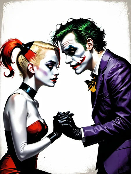 bold artwork,creative use of shadows and textures to create an image using negative space,masterful use of limited colors to create an image of bold contrasts,inventive and whimsical use of camera angles to give new perspective to illustration,"the joker and harley quinn holding hands", Ultra-HD-details