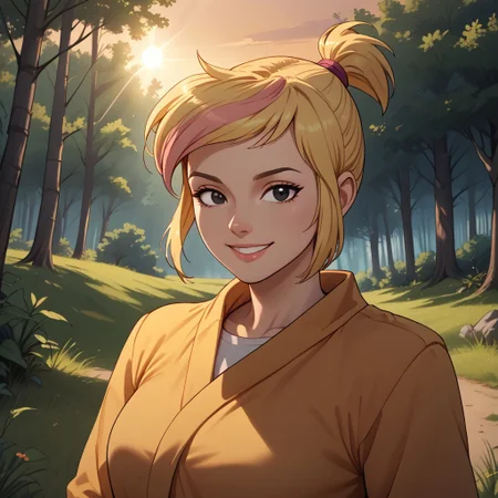 score_9, score_8, BREAK, short blond hair, high ponytail, pink streak in hair, black eyes, adult female, mature female, breasts, sexy pose, self portrait, smile, outdoors, sunlight, shadows, evening lighting, natural lighting, forest, trees, grass, orange sky, sunset