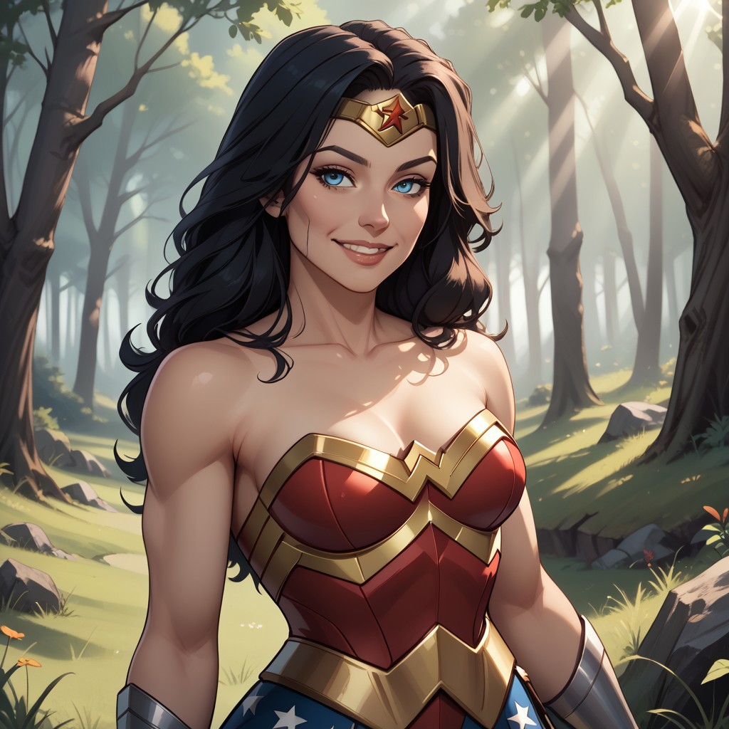 score_9, score_8, BREAK, 1woman,black hair,long hair,blue eyes,wonder woman, sexy pose, self portrait, smile, outdoors, sunlight, shadows, evening lighting, natural lighting, forest, trees, grass, orange sky, sunset