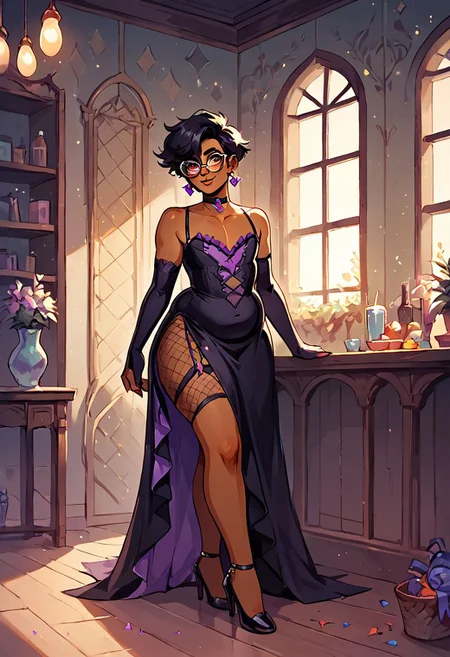 score_9, score_8_up, score_7_up, , Kai, Chubby, curvy, Indian, Brown skin, wide hips, glasses, femboy, crossdressing, nonbinary,, solo, dark purple asymmetrical ruffle dress, elbow gloves, torn fishnets, garters, strappy heels, earrings, choker short black hair,
Background: busy party, indoors, volumetric lighting, party lighting,
,