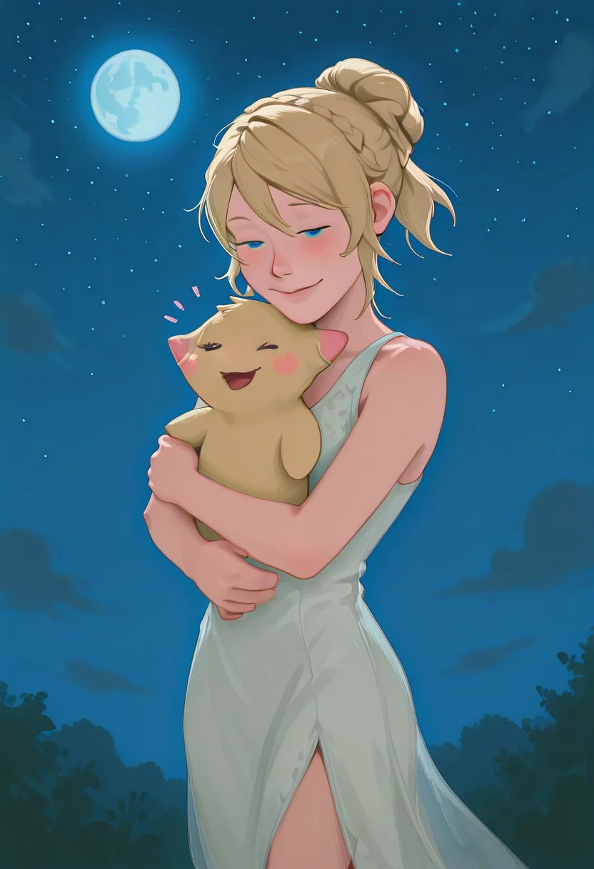 embedding:IllusP0s, g00se, from front, Lunafreya Nox Fleuret, blonde hair, hair up, braid, asymmetrical bangs, sleeveless dress, white dress, blue eyes, hugging milachuv2, hug, milachuv2, 1girl, solo, loving, smile,
BREAK,
night time, moon background, starry sky, blue sky,<lora:g00se_v2_ill.safetensors:1.0:1.0> <lora:Lunafreya_Nox_Fleuret_ill.safetensors:1:1>