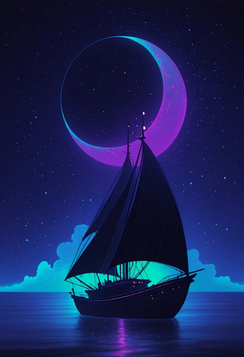 ajnblyst, watercraft, boat, ship, scenery, glowing, moon, water, ocean, night, no humans, star (sky), colored theme, neon, dark moody, high contrast, fantasy