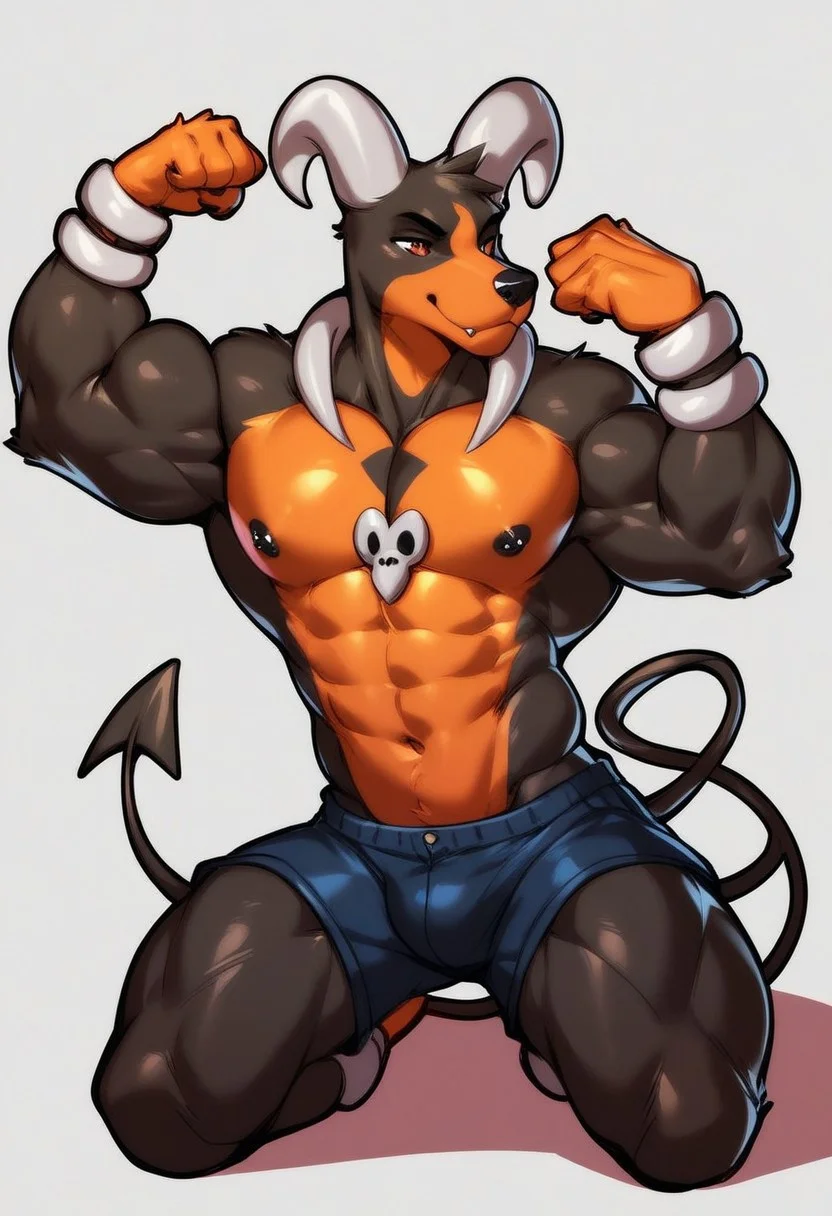 score_9, score_8_up, score_7_up, score_6_up, score_5_up, score_4_up, source_furry, source_anime, BREAK,(male: houndoom, anthro, male:1.2), ( curved horn, horns, black fur ,brown countershading, countershade fur, spade tail :1.3), (anthro houndoom, muscle, pecs, nipple, navel, ((shorts, flexing, kneeling)) :1.6) (outdoors, beach:1.1),