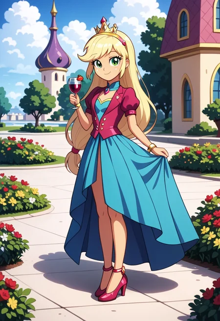 score_9, score_8_up, score_7_up, score_6_up, source_cartoon, rating_safe, My Little Pony Equestria Girls, very young little girl Applejack wearing a fit green|brown|darkpurple|wine|red gradients colors short princess dress, elegant detailed princess shoes, solo, 1girl, little princess girl, gradient golden blond hair with crown hairband, smile, childhood, looking at viewer, glow detailed eyes, garden of canterlot, tul, chiffon, laces, semi realistic cartoon, unreal engine 5,  full body close-up, absurdres, digital art, soft light, perfect hands, perfect, hands, perfection, soft orange skin, green eyes, apples accesories and shoes, jewelery, tres chic,<lora:age_slider_v4:-4>,