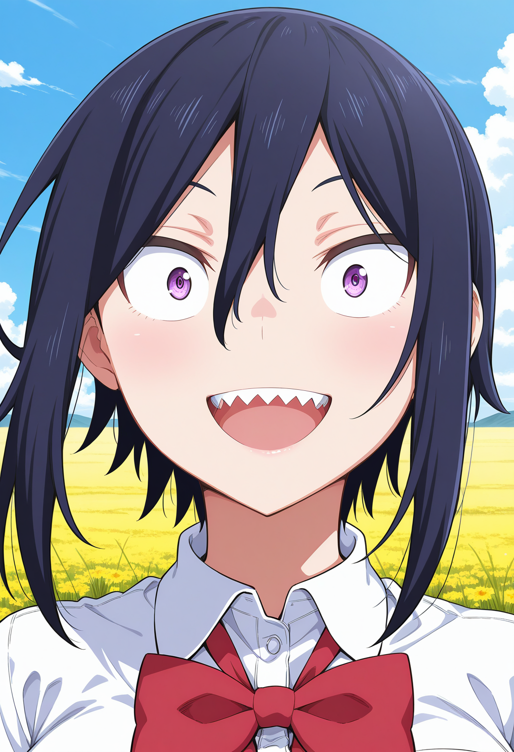 1girl, solo, (field:1.2), (blue sky:1.2), looking at viewer, smile, 
takano_hitomi, sanpaku, purple eyes, black hair, short hair, hair between eyes, sharp teeth, school uniform, red bowtie, white shirt, collared shirt, short sleeves, <lora:takano_hitomi_illustrious_ver1:0.8>, masterpiece, best quality, general,, (upper body:1.2), (close-up:1.2), (facing viewer:1.2), (open eyes:1.4), (portrait:1.2)