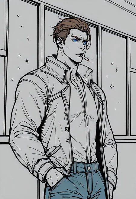 score_9, score_8_up, score_7_up, score_6_up, score_5_up, score_4_up, source_anime, (1 man), shen, shen from league of legends, muscular, brown hair, blue eyes, coat, jeans, smokes looking out the window, looking out the window, holding a cigarette, starry sky, loneliness, silence, empty look, monochrome